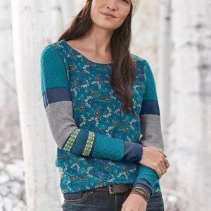 Sundance Sharrar Teal Paisley Contrast Cuff Mixed Print Knit Top Size Medium